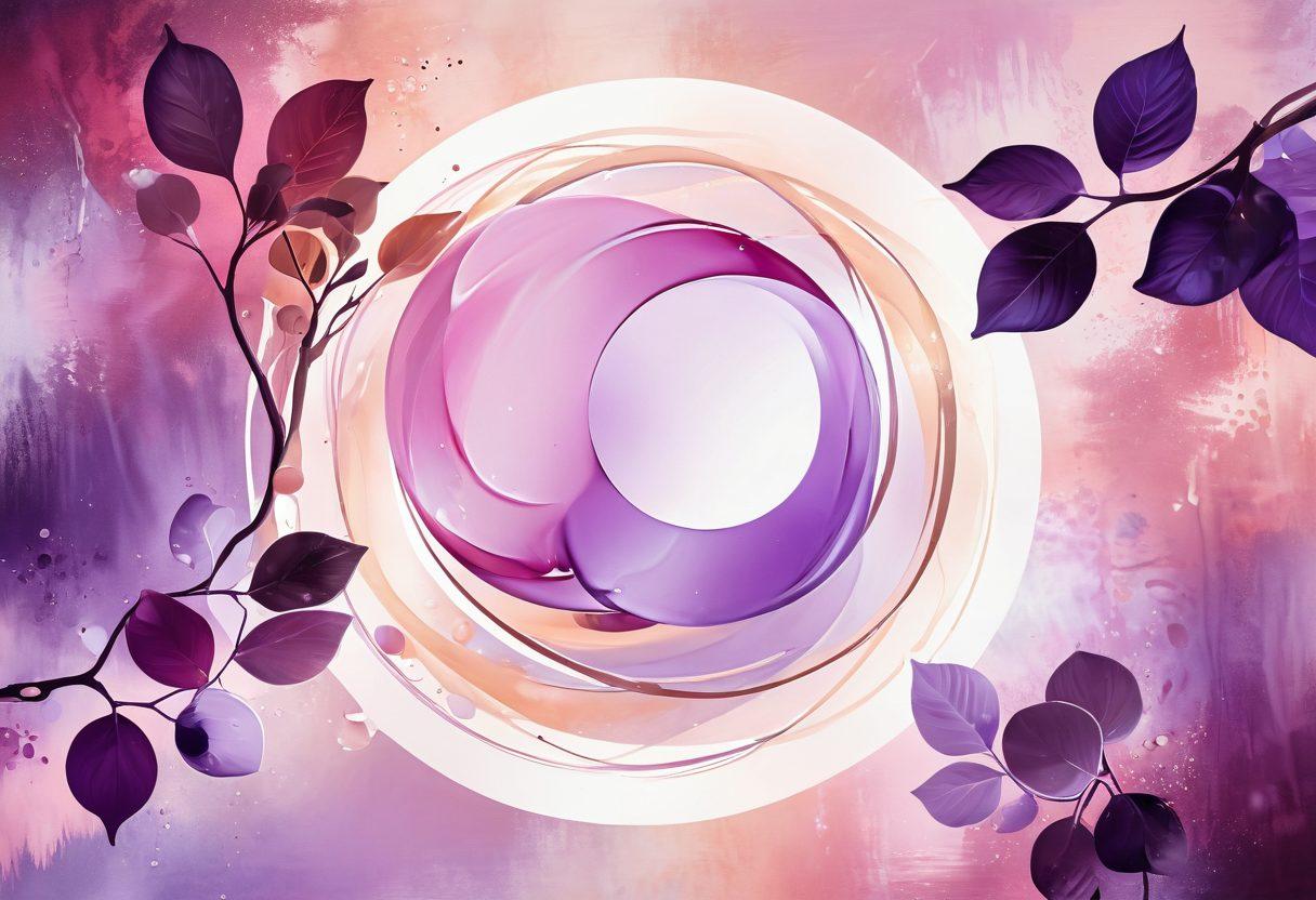An abstract representation of intertwined forms symbolizing intimacy and connection, surrounded by soft, glowing orbs representing health and well-being. The color scheme should feature warm, inviting tones like soft pinks and purples. Include subtle elements like leaves or water droplets to convey freshness and vitality, blended with a serene background. modern art. vibrant colors. soft focus.