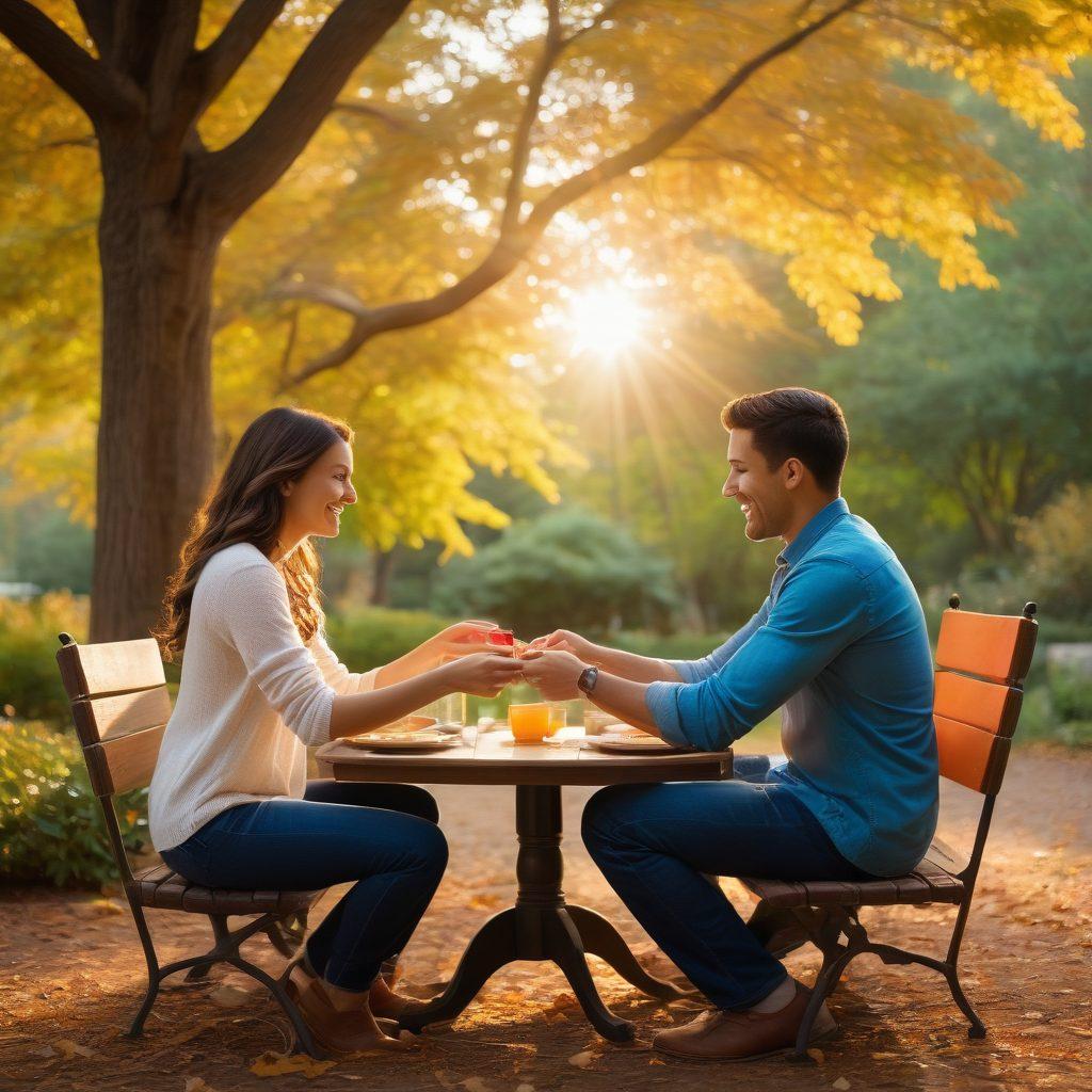 A warm, inviting scene depicting diverse couples engaged in activities that symbolize strong connections, such as sharing a meal, playing games, and engaging in heartfelt conversations. Include elements like intertwined hands, glowing hearts, and soft sunlight filtering through trees to evoke a sense of harmony and empowerment. Capture a backdrop of a peaceful park or cozy living room to emphasize intimacy. vibrant colors. super-realistic.