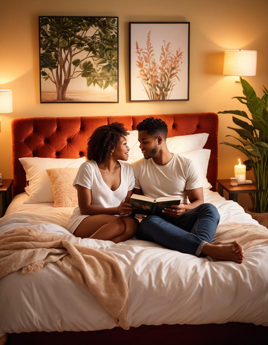 A warm, inviting bedroom setting featuring a diverse couple sitting on the bed discussing openly, surrounded by soft lighting and plush pillows. Include symbols of empowerment such as books on sexual health and a plant symbolizing growth. The atmosphere should convey trust, intimacy, and a sense of connection. super-realistic. vibrant colors. soft focus.